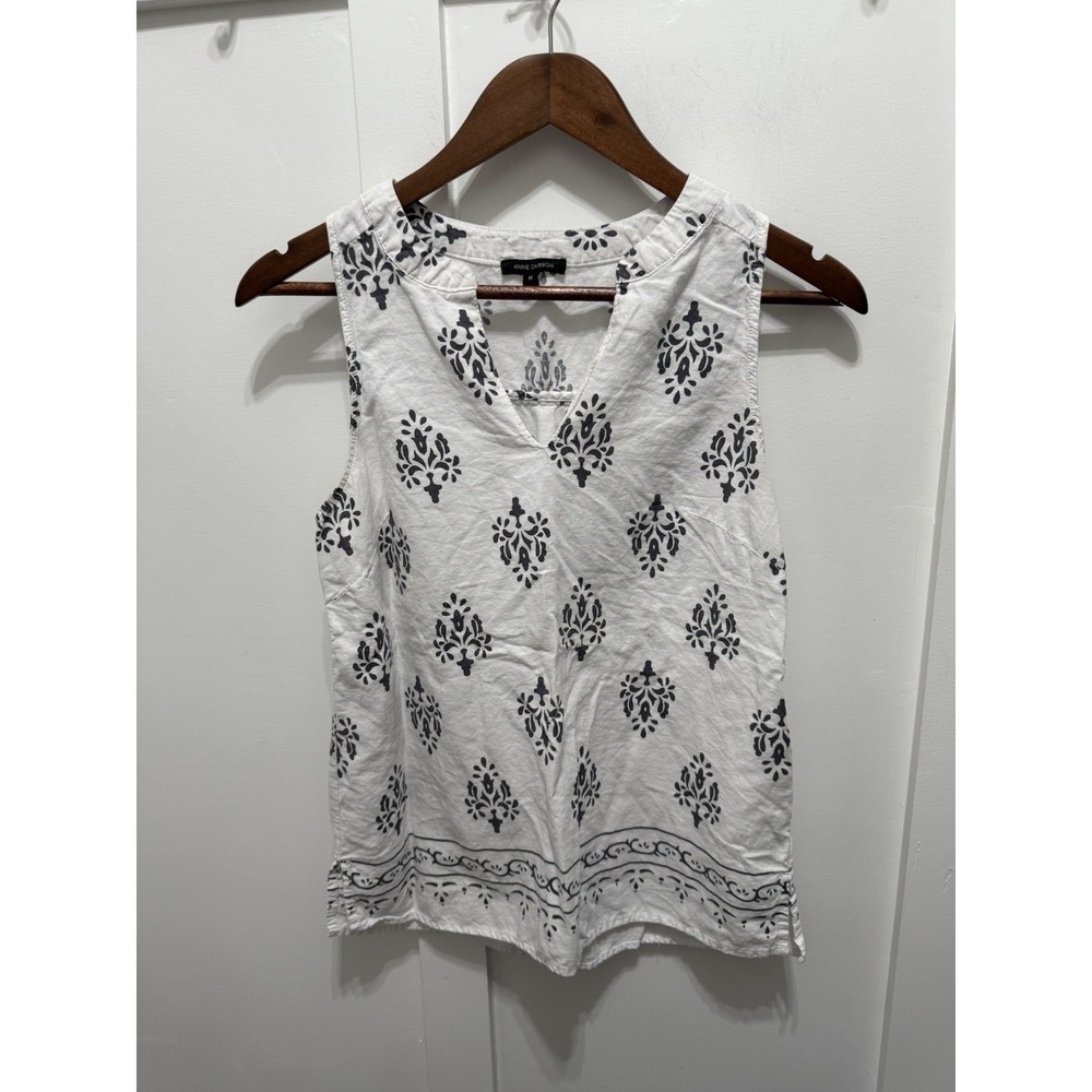 Anne Carson Small Black White Rayon‎ Linen Blend Sleeveless Shirt Paisley damask